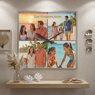 Horloge Carrée Cadre de photos de maison de plage avec nom de fam