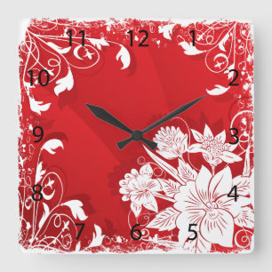 Horloge Carrée Cadre floral rouge et blanc