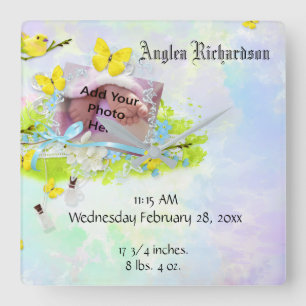 Horloge Carrée Cadre jaune de photo de l'oiseau et du papillon du