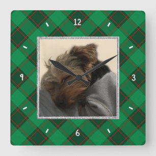 Horloge Carrée Cadre photo de Noël personnalisé Rouge et vert Pla