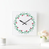 Horloge Carrée Cadre rond fleuri avec fleurs roses (Maison)