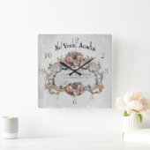 Horloge Carrée Cadre vintage français avec rose (Maison)