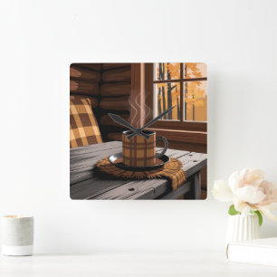 Horloge Carrée Café Plaid Cabine Art Automnal Forêt Rustique Mais