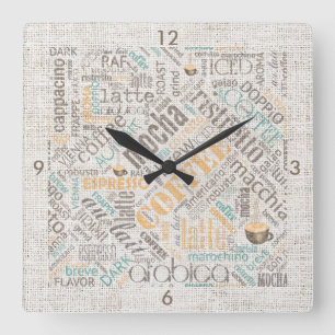 Horloge Carrée Café sur Burlap Word Cloud Turquoise ID283