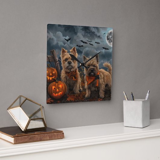 Horloge Carrée Cairn Terrier Halloween Éffrayant (Bureau)