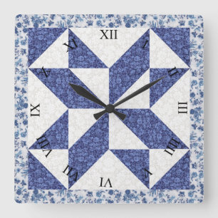 Horloge Carrée Calicot Bleu et Blanc Faux Plaid