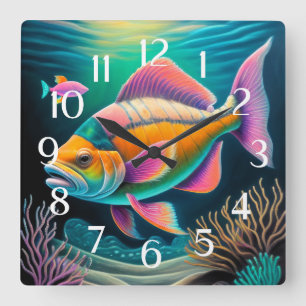 Horloge Carrée Calque coloré Dessin récif poisson rose