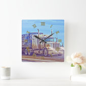 Horloge Carrée Camion blanc de fret - art de camion et de route (Maison)