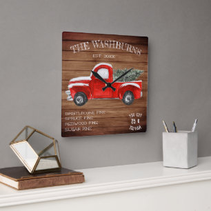 Horloge Carrée Camion Rouge Vintage   Noël Fermier
