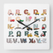 Horloge Carrée Camions et véhicules de transport d'alphabet migno (Recto)