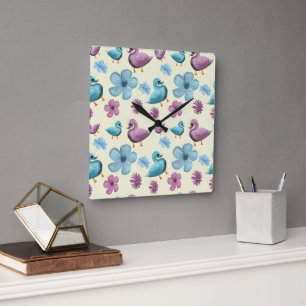 Horloge Carrée Canard mignon motif floral esthétique pastel kawai