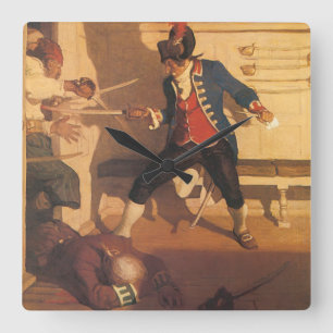 Horloge Carrée Capitaine pirate vintage, combat d'épée par NC Wye