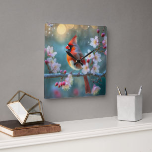 Horloge Carrée Cardinal mâle au clair de lune Cerisiers en fleurs