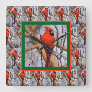Horloge Carrée Cardinal Rouge Assez Joli Oiseau en Hiver