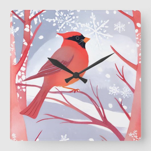 Horloge Carrée Cardinal rouge | Belle aquarelle peinture (Recto)