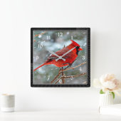 Horloge Carrée Cardinal rouge dans la neige d'hiver (Maison)