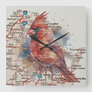 Horloge Carrée Cardinal sur carte routière de Virginie Art aquare