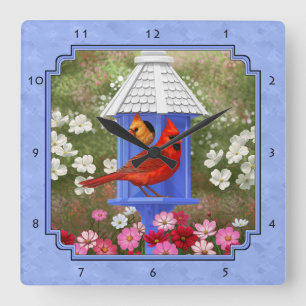 Horloge Carrée Cardinaux et Rond Birdhouse Blue