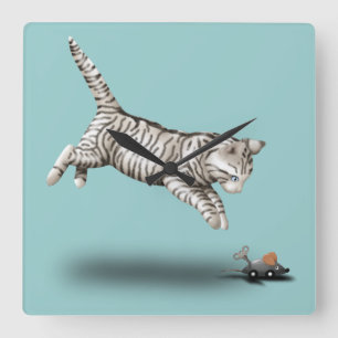 Horloge Carrée Caricature de chat et souris