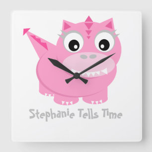 Horloge Carrée Caricature de mignon rose Dino Kawaii