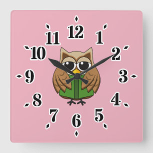 Horloge Carrée Caricature du livre de lecture de la Chouette