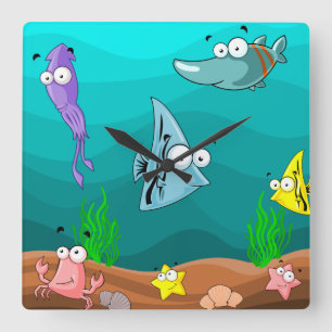 Horloge Carrée Caricature pour enfants ou crèche Sea Life