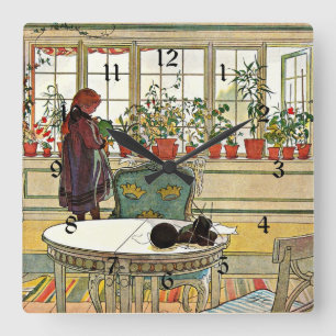 Horloge Carrée Carl Larsson - Fleurs sur le rebord de fenêtre