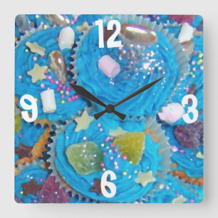 Horloge Carrée Carré d'horloge Blue Cupcakes 'Numéros'