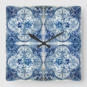 Horloge Carrée Carreaux Anciens en Bleu de Delft