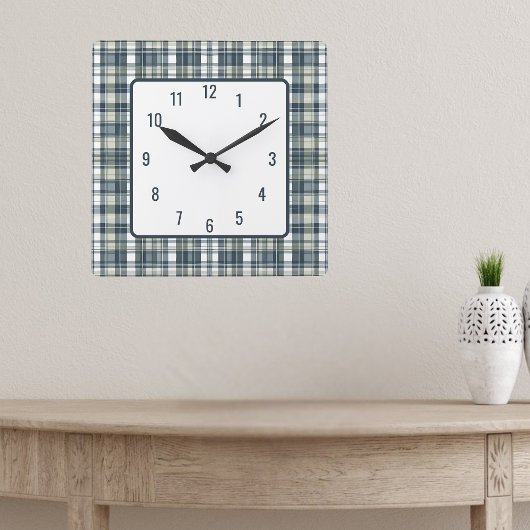 Horloge Carrée Carreaux de denim vert sauge blanc