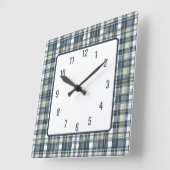 Horloge Carrée Carreaux de denim vert sauge blanc (Angle)