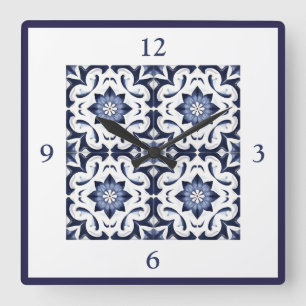 Horloge Carrée Carreaux Portugais Azulejos Vintage Bleu Et Blanc