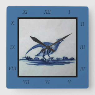 Horloge Carrée Carrelage Bleu Delft antique - Grouse dans l'Herbe