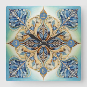 Horloge Carrée Carrelage floral baroque Pat#20 Blue Green Gold ID