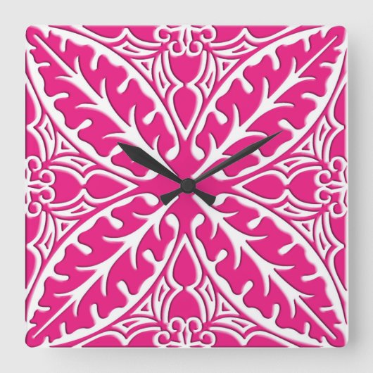 Horloge Carrée Carrelage marocain - rose fuchsia et blanc (Recto)