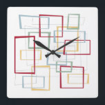 Horloge Carrée Carrés Abstraits Mid Century Rouge Bleu Vert jaune<br><div class="desc">Cette horloge moderne branchée du milieu du siècle présente des carrés et des rectangles abstraits et des rectangles rouge foncé,  bleu clair,  vert tendre et jaune. Elle est mise en surbrillance par de minces carrés et rectangles noirs abstraits. Ajoutez un peu de plaisir rétro à votre décor maison!</div>