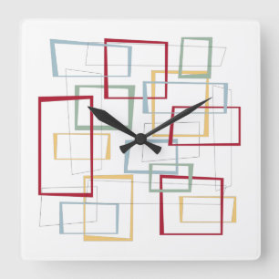 Horloge Carrée Carrés Abstraits Mid Century Rouge Bleu Vert jaune