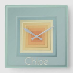 Horloge Carrée Carrés géométriques vintage (bleu clair et jaune)