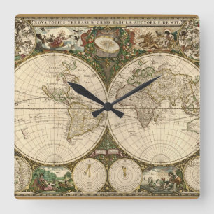 Horloge Carrée Carte 1660 du monde d'antiquité par Frederick de 