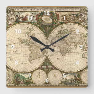 Horloge Carrée Carte 1660 du monde d'antiquité par Frederick de