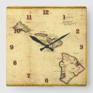 Horloge Carrée Carte 1837 - îles d'Hawaï de cru hawaïennes