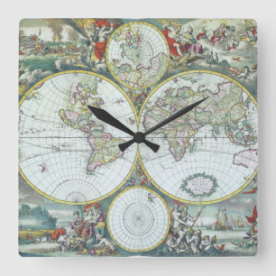 Horloge Carrée Carte antique du monde du 17e siècle, Frederick De