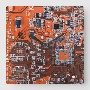 Horloge Carrée Carte de circuit Geek d'ordinateur Orange