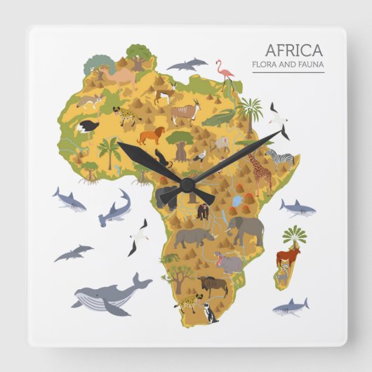Horloge Carrée Carte de l'Afrique | Flora et faune (Recto)