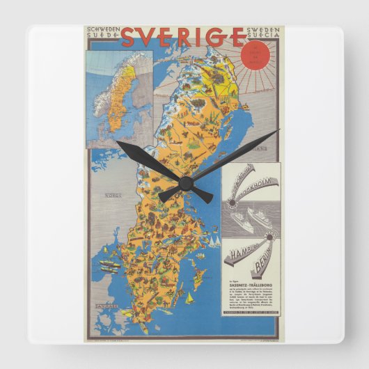 Horloge Carrée Carte de Suède (Recto)