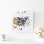 Horloge Carrée Carte des attractions des États-Unis d'Amérique (Maison)