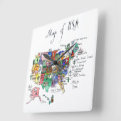 Horloge Carrée Carte des attractions des États-Unis d'Amérique (Angle)