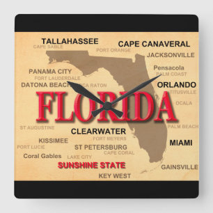 Horloge Carrée Carte d'État de Floride, Miami, Orlando, Key West