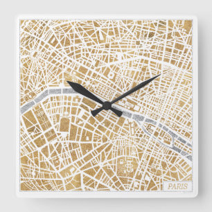 Horloge Carrée Carte dorée de ville de Paris