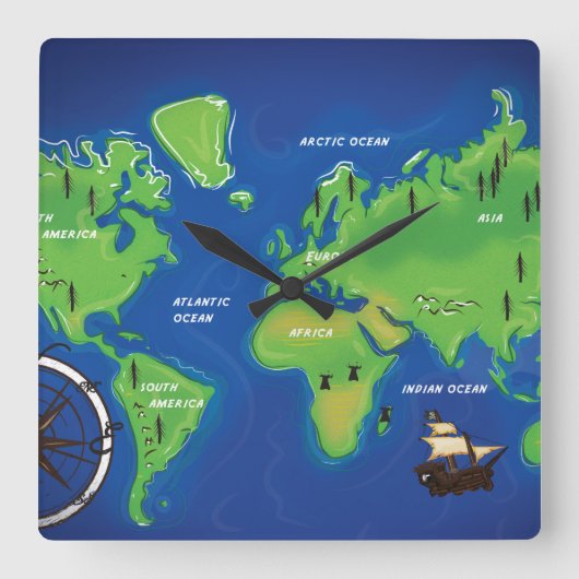 Horloge Carrée Carte du monde (Recto)